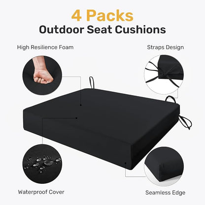 UNIKOME Outdoor Chair Cushions Pack of 4, Water Resistant Patio Cushions with Ties, High Density Sponge Filling Square Corner Seat Cushions for Outdoor Furniture, 19"*19"*3", Black