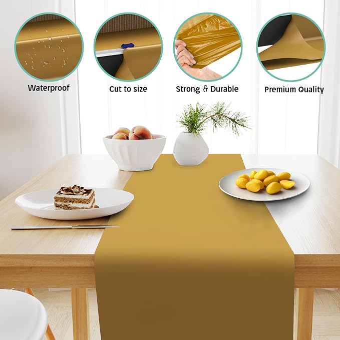 Gold Table Runner – 14" X 110' Premium Plastic Longtable Runners with Cutter Box - Cut to Size - Decorative Rectangle Table Runners - Smooth Table Cloth - Disposable Table Cloths. Parties, Weddings.