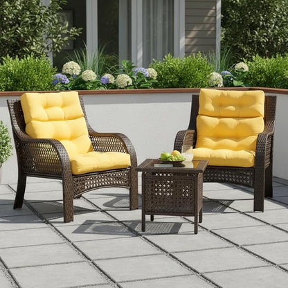 Outdoor Tufted High-Back Chair Cushions, One-Piece Hinged Seat and Back Design, Reversible with 4 Ties, Durable Polyester Fabric, Recycled Fiber Fill - Set of 2, Sunbeam