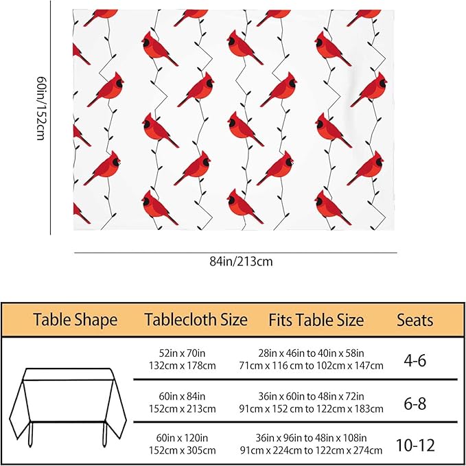TKS MITLAN Cardinal Bird Tablecloth 60x84 Inch Rectangular Red Birds on Branches Oblong Table Cloth Kitchen Table Decorations for Home Dinner Party