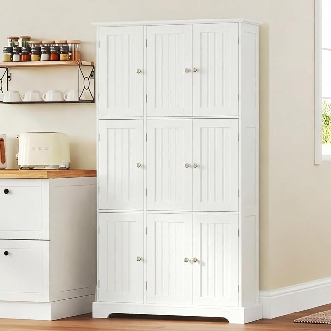 ChooChoo 63.2" Tall Bathroom Storage Cabinet with 9 Doors | Narrow Floor Cabinet, Adjustable Shelves, Slim Pantry Cabinet for Bathroom, Kitchen, Laundry Room, White