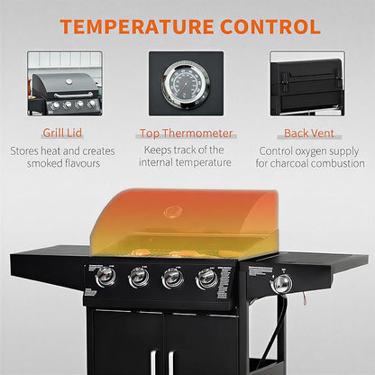 Outsunny 4 Burner Propane Gas Grill with Side Burner, 48,000 BTU Steel Outdoor Barbecue Grill with Cabinet, Shelf, Warming Rack, Thermometer, Wheels, Black