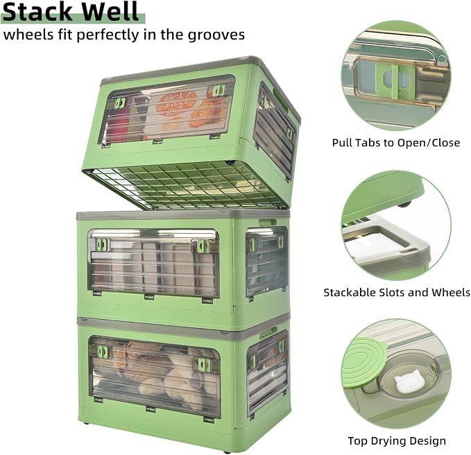 32Qt Plastic Storage Bins with Lid, Collapsible Storage Bins with Wheels, Storage Boxes with 4 Doors, Stackable Storage Bins for Organizing Clothes, Snacks and Camping, 2-Pack (Green)