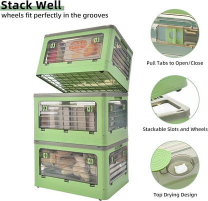 32Qt Plastic Storage Bins with Lid, Collapsible Storage Bins with Wheels, Storage Boxes with 4 Doors, Stackable Storage Bins for Organizing Clothes, Snacks and Camping, 2-Pack (Green)