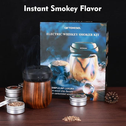 Electric Cocktail Smoker Kit with Unique Charred Wooden Glasses, Whiskey Smoker Kit with 6 Flavors Wood Chips, Instant Smoke Output – Ideal Gift for Cocktail & Whiskey Lovers