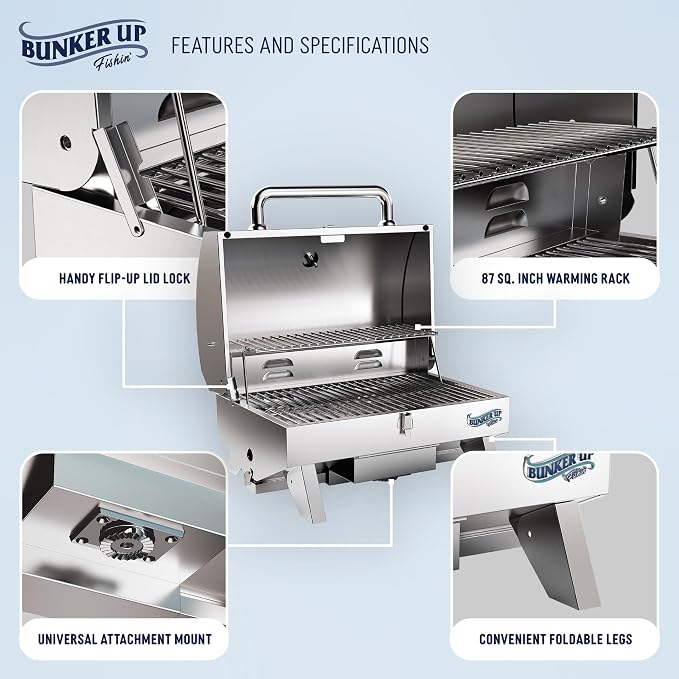 Bunker Up Fishin Stainless Steel Boat Grill with Rod Holder Mount - Great for Boating and Camping - Portable Tabletop BBQ Grill, 12000 BTU Burner, 277 sq.in Grilling Space and 87 sq.in Warming Rack