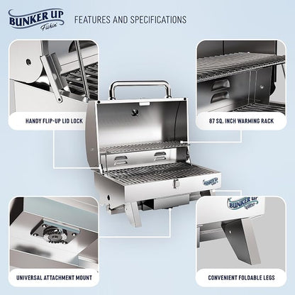 Bunker Up Fishin Stainless Steel Boat Grill with Rod Holder Mount - Great for Boating and Camping - Portable Tabletop BBQ Grill, 12000 BTU Burner, 277 sq.in Grilling Space and 87 sq.in Warming Rack