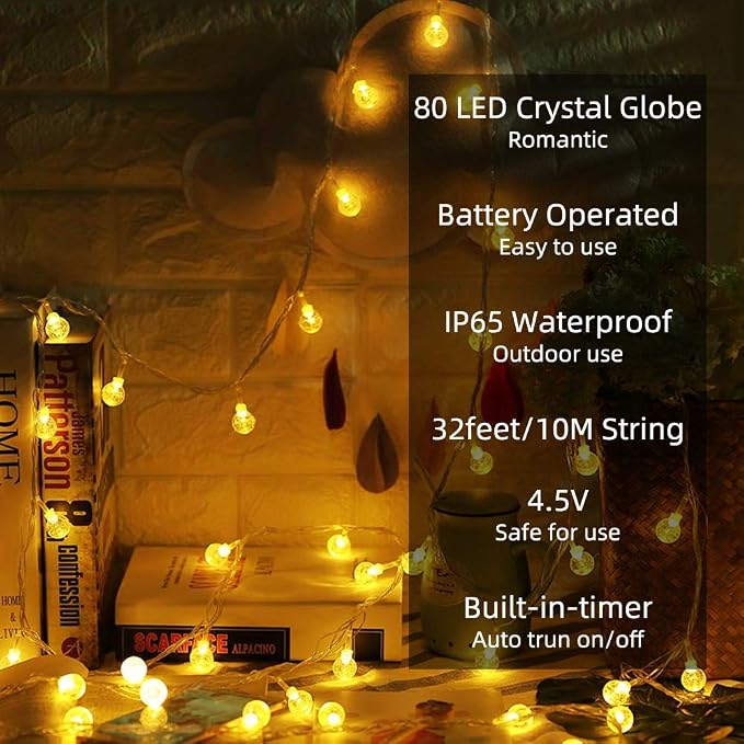 Metaku Globe Fairy Lights Battery Operated 33ft 80LED String Lights with Remote Waterproof Indoor Outdoor Hanging Decorative Christmas Lights for Home Party Patio Garden Wedding (Pack of 3)