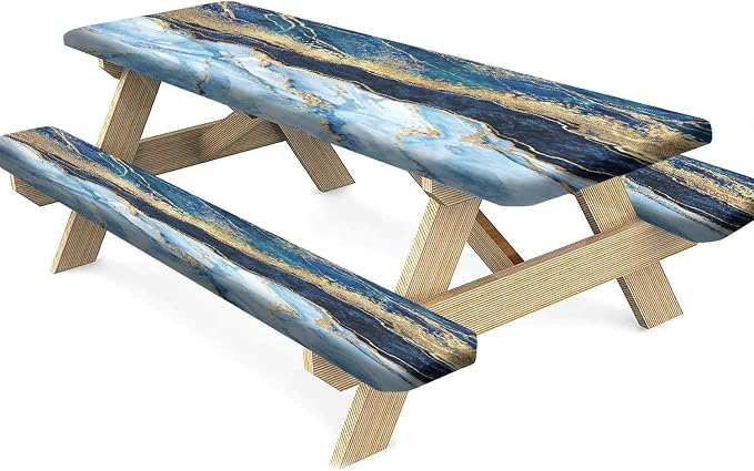 Marble Picnic Table Cover with Bench Covers, 3 Pieces Set, Blue Golden Marble Texture Elastic Fitted Rectangle Tablecloths, 72x28 Inch, Great for Picnic Party Outdoor Patio Camping Use