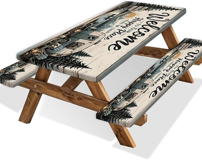 Picnic Table Cover with Bench Covers and Bag, Camping Essentials, Vintage Camper Waterproof Windproof Fitted Camping Tablecloths with Elastic Edges for Indoor, Outdoor & Garden, 3 Pcs Set 30x72 Inch