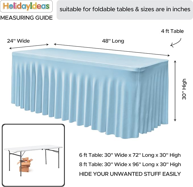 2 Pack Baby Blue Spandex Table Covers 4ft Rectangle Ruffle Skirts for Party | Elastic Table Covers 4 Foot, Pleated Fitted Table Cloths, Wrinkle Resistant Elegant Table Skirts Wedding, Banquets