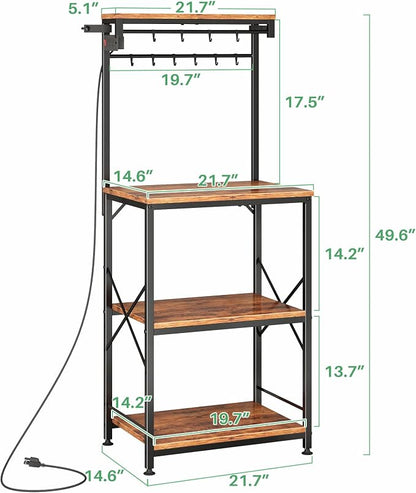 SNTD Bakers Rack with Power Outlet, Microwave Stand, Rustic Brown, 21.7" W | Coffee Stand, 4 Tiers Kitchen Storage Shelves, 10 Hooks, Metal Frame, X-Shaped Reinforcement