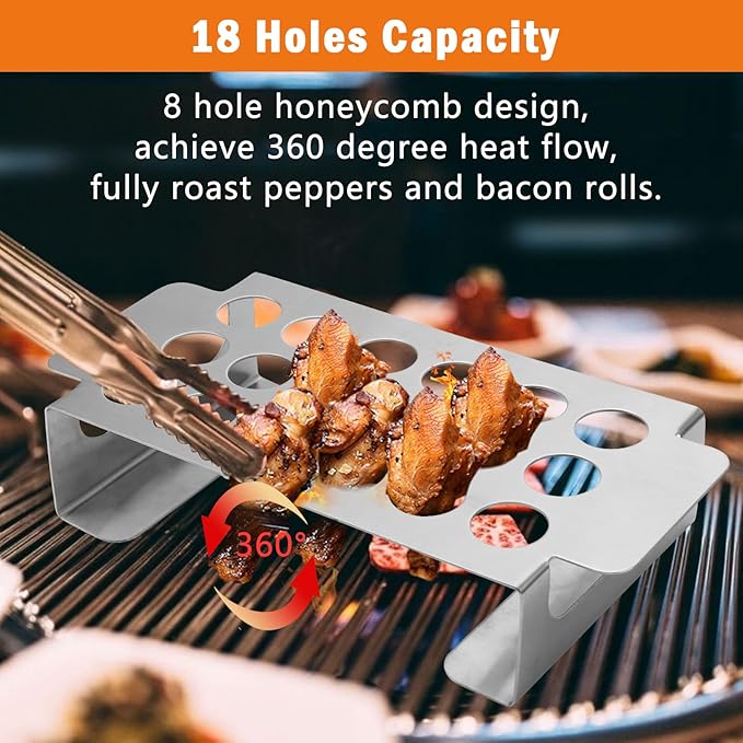 18 Hole Jalapeno Grill Rack for Chili, Stainless Steel Barbecue Chili Peppers Grill Rack with Handle, Jalapeno Popper Stand for BBQ Smoker or Oven (Silver)