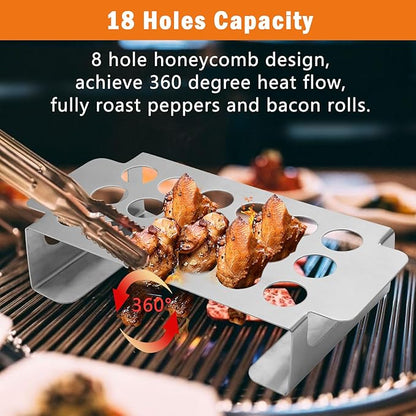 18 Hole Jalapeno Grill Rack for Chili, Stainless Steel Barbecue Chili Peppers Grill Rack with Handle, Jalapeno Popper Stand for BBQ Smoker or Oven (Silver)