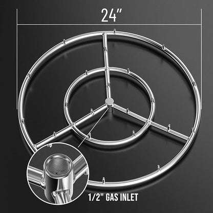 Skyflame 24-Inch Round Stainless Steel Fire Pit Jet Burner Ring | High Flame, 296,000 BTU, 1/2" NPT high-capacity inlet, Without loud whistling, Patio Use