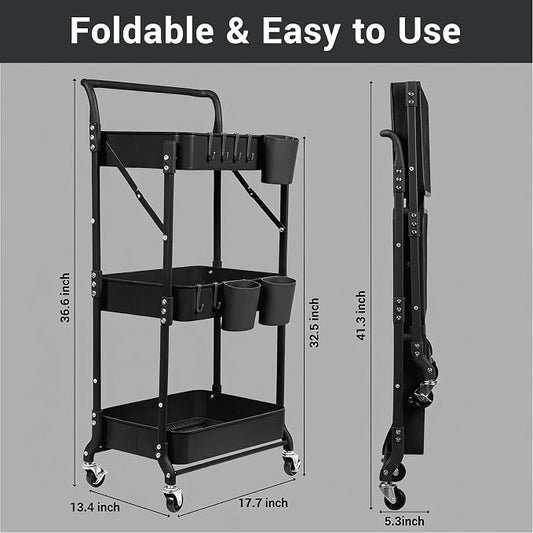 3 Tier Foldable Rolling Cart with Wheels, Folding Utility Cart Organizer, Collapsible Rolling Storage Cart with 3 Hanging Cups & 6 Hooks for Kitchen, Office, Nursery(Black)