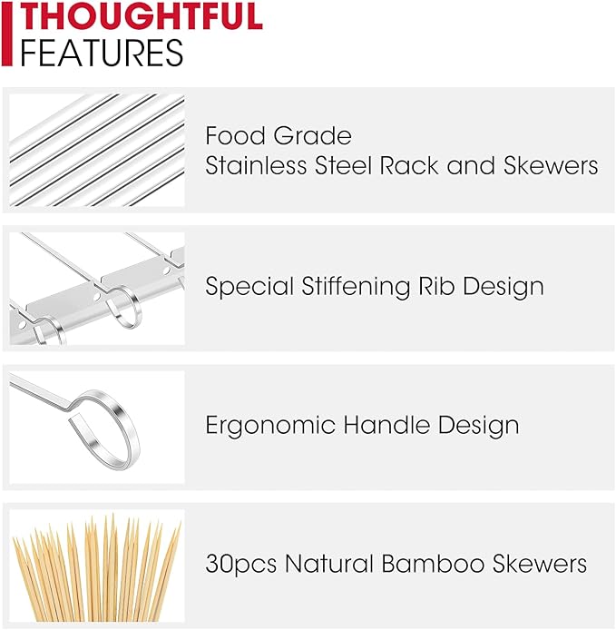 Unicook Stainless Steel BBQ Shish Kabob Set, Foldable Shish Kabob Holder with 6pcs 13"L Skewers, Reusable Grill Rack, Comes with 30pcs 12.5"L Bamboo Skewers for Party and Cookout
