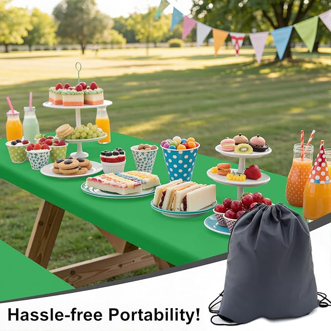 Smiry Picnic Table Cover with Bench Covers, Waterproof Elastic Fitted Polyester Tablecloths for 8 Ft Rectangle Tables, Washable Windproof Tablecloth for Camping, RV & Outdoor (Green, 30x96 Inches)