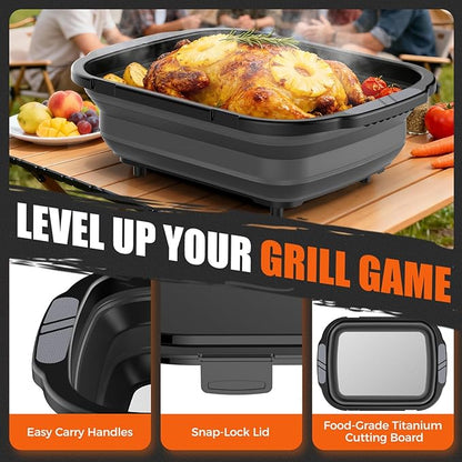 Collapsible BBQ Prep Tubs with Titanium Cutting Board, Large-Capacity（5.3Gal/20L）Barbecue Utensils, with Locking Lid, Strong Sealing and Leak-Proof Design. Suitable for Kitchen and Outdoor.