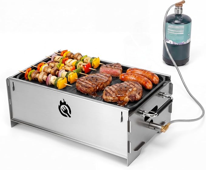 Stainless Steel Portable Tabletop Charcoal Grill, Foldable Camping Grill | Lightweight Mini Gas BBQ Grill & Fire Pit with Griddle Plate & Carry Bag for Camping Tailgating Picnic Travel Backyard Patio