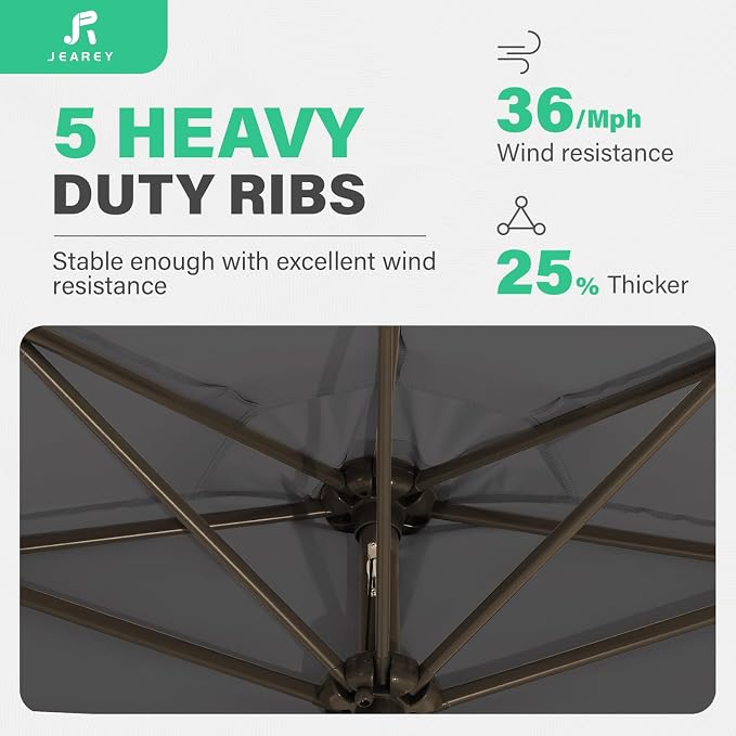 JEAREY 9ft Half Umbrella Outdoor Patio Umbrella Market Umbrellas with Crank, 1/2 Round Wall Umbrella 5 Sturdy Ribs UV Protection for Pool Garden Balcony Deck, Gray