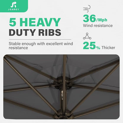 JEAREY 9ft Half Umbrella Outdoor Patio Umbrella Market Umbrellas with Crank, 1/2 Round Wall Umbrella 5 Sturdy Ribs UV Protection for Pool Garden Balcony Deck, Gray