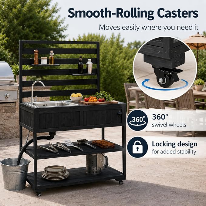Patio Rolling Kitchen Island with Sink, 41.7 Inch Outdoor BBQ Cart | Solid fir wood frame, stainless steel top and sink, patio BBQ prep, 4 lockable wheels, 2 movable shelves, 41.7 x 16.6 x 65 in