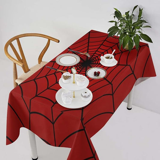 Spider Web Hero Tablecloth, Black Spiderweb Red Cobweb Circle Water Resistant Wipeable Table Cover for Picnic Party Holiday Kitchen Dinner Table 55"x75"
