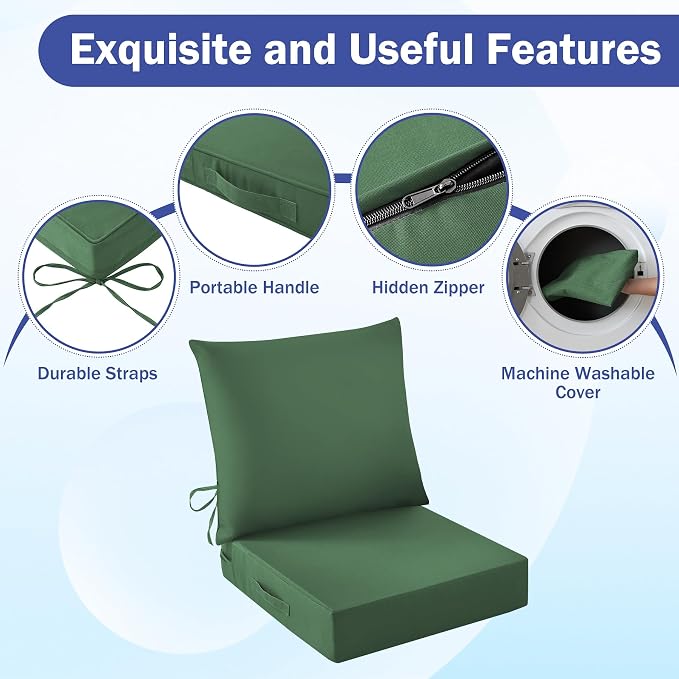 IASEAHK Outdoor Seat Cushion Set, Waterproof & Fade Resistant Patio Chair Cushions, Outdoors Cushion for Patio Furniture, 24 x 24 x 5.75 Inch, Outdoor Couch Cushions with Handle and Ties,ForestGreen