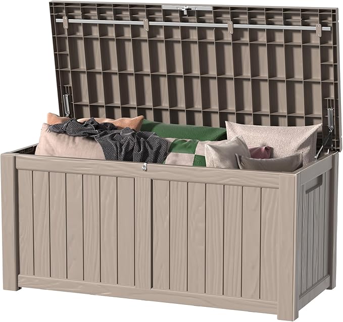 PatioZen 150 Gallon Deck Box,Resin Outdoor Storage Box with Lockable for Patio Furniture, Pool Tools, Garden Tools Waterproof Outside Storage Box, Grey