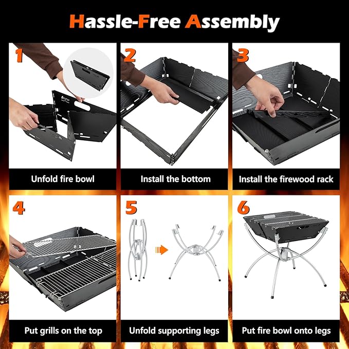 HAPPYGRILL 3-in-1 Foldable Fire Pit With Grill for Outside, Collapsible Wood Burning Camping Fire Pit for BBQ Bonfire Outdoor Cooking