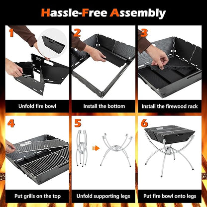 HAPPYGRILL 3-in-1 Foldable Fire Pit With Grill for Outside, Collapsible Wood Burning Camping Fire Pit for BBQ Bonfire Outdoor Cooking
