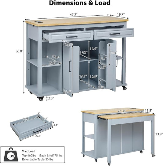 Ball & Cast Kitchen Island with Extendable Dining Table,Rubber Wood Veneer Kitchen Table W/Internal Storage Rack,Power Outlet & USB Ports,Kitchen Cart On Wheels W/2 Drawers & 2 Cabinets,Grey Blue,47"