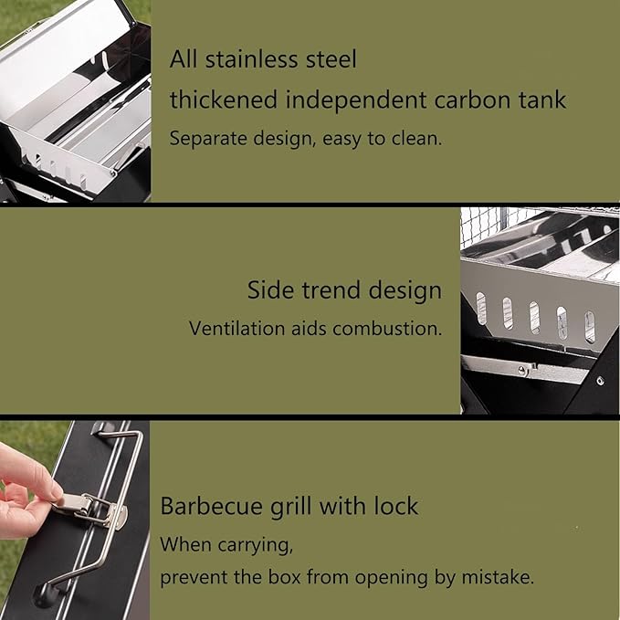 Folding Portable Lightweight Charcoal BBQ Grill with Handle Desk Tabletop Small Outdoor Barbecue Grill Stainless Steel for Outdoor Cooking Backyard Camping Picnics Beach