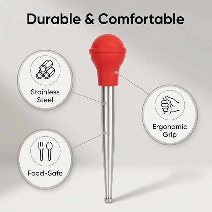 Upgraded Large Turkey Baster with Silicone Brush, Stainless Steel Heavy Duty Baster Syringe for Meat Cooking with Cleaning Brush & 2 Detachable Needles (Red)