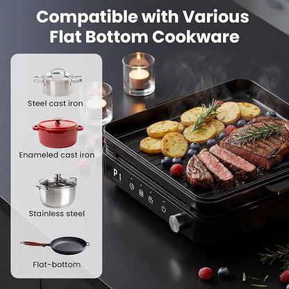 olayks Induction Cooktop, Portable Induction Cooktop with Removable Cast Iron Pot and Pan, 1500W Hot Plate Single Burner with 8 Power Levels, Adjustable Temp Control, 99 Min Timer
