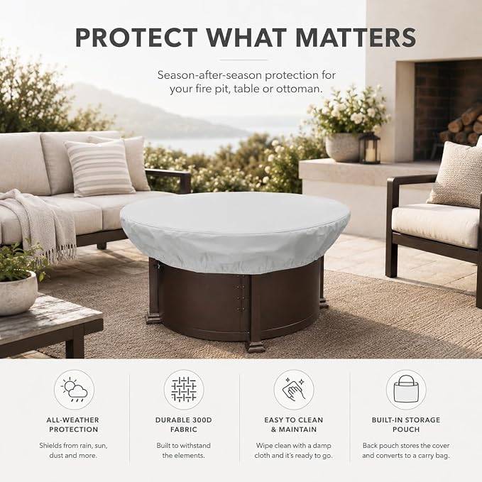 Treasure Garden Round Fire Pit Cover, 300D Polyester Outdoor Table & Ottoman Cover, Water Resistant, UPF50+ UV Protection, Elastic Hem, Spring Cinch Lock, Built-In Storage Pouch, Gray, 55 in
