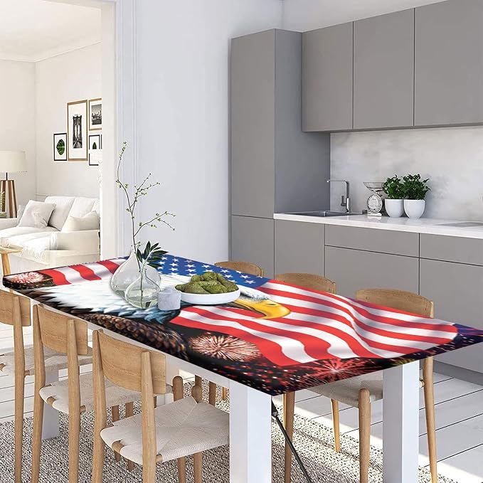 American Flag Picnic Fitted Tablecloth with Benches Covers, 4th of July Elastic Edge Fitted Table Cover, 28x72 Inch, 3 Piece Set, Red Blue, for Indoor/Outdoor Picnic, BBQ and Dining Room Use