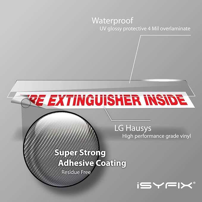 iSYFIX Fire Extinguisher Inside Signs Stickers for Vehicles – 10 Pack 9x1.7 Inch – Self-Adhesive Vinyl Decals, Laminated for UV, Weather, Scratch, Fade Resistance, for Cars, Trailers, Rv's and Trucks