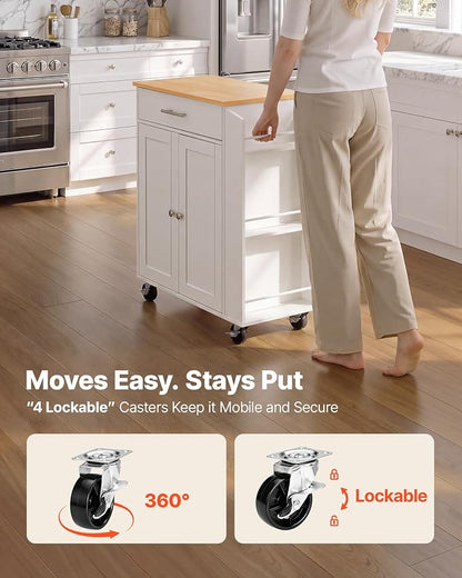 VEVOR Kitchen Island Cart with Storage, 31.3 in Wide Mobile Rolling Storage Island on Swivel Wheels, with Drawer, Storage Cabinet, Spice/Towel Rack, Table for Home Dining Room, White