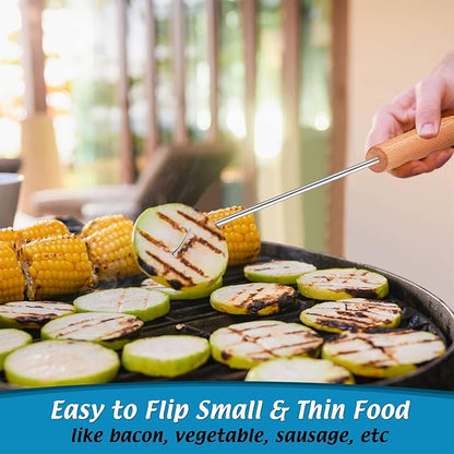 Pigtail Food Flipper Set of 2, Joyfair Stainless Steel Meat Hook & Turner Grill Tools for Outdoor BBQ Grilling & Kitchen Frying, Right Handed, Great Replacement to Tongs (12” & 17”, Wooden Handles)