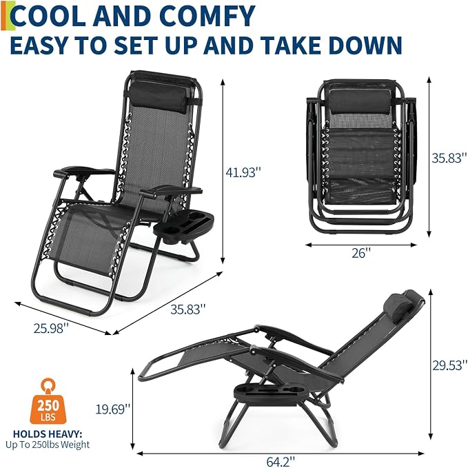 Garvee Outdoor Lounge Chairs Set of 2 Relaxing Recliners Patio Chairs,Zero Gravit y Lounge Chair Beach Chairs with Pillow and Cup Holder