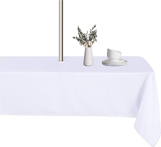 LUSHVIDA Square Outdoor Tablecloth with Umbrella Hole and Zipper, 60x60 Inch White, Washable Waterproof Table Cloth Spill Proof Wrinkle Free Table Cover for Patio Spring Summer Picnic BBQS