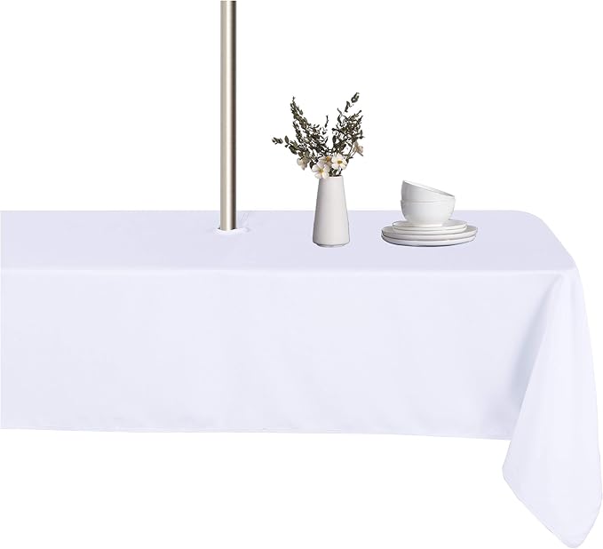 LUSHVIDA Square Outdoor Tablecloth with Umbrella Hole and Zipper, 54x54 Inch White, Washable Waterproof Table Cloth Spill Proof Wrinkle Free Table Cover for Patio Spring Summer Picnic BBQS