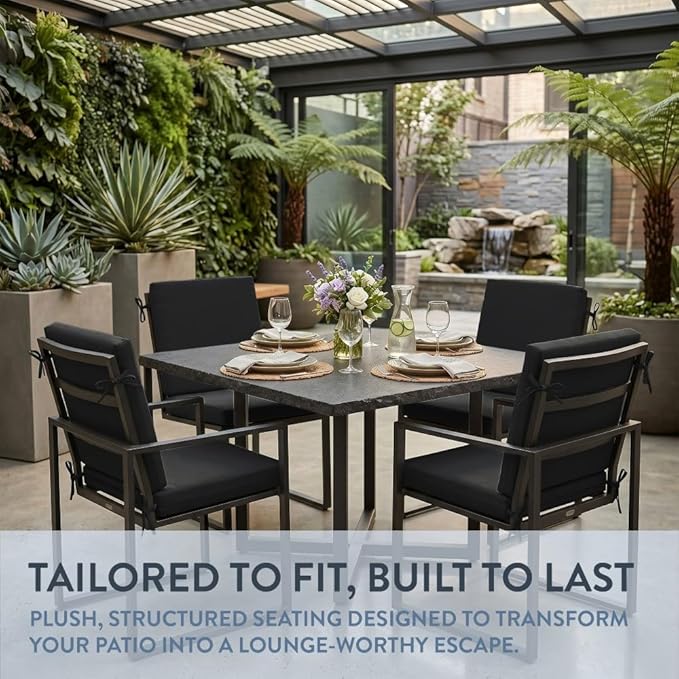 California Umbrella Outdoor Dining Chair, Set of 4 Patio Seat Cushions, 20 x 40 Inch, Premium Outdoor Memory Foam, Fade Resistant, Sunbrella Fabric, Fabric Ties, Black
