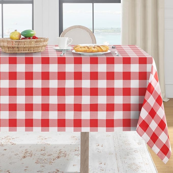 Softalker Gingham Checkered Tablecloth Rectangle - Outdoor Waterproof Buffalo Plaid Table Cloth, Stain Resistant Washable Table Cover for Picnic, Camping, Dining - Red and White, 60 x 84 Inch