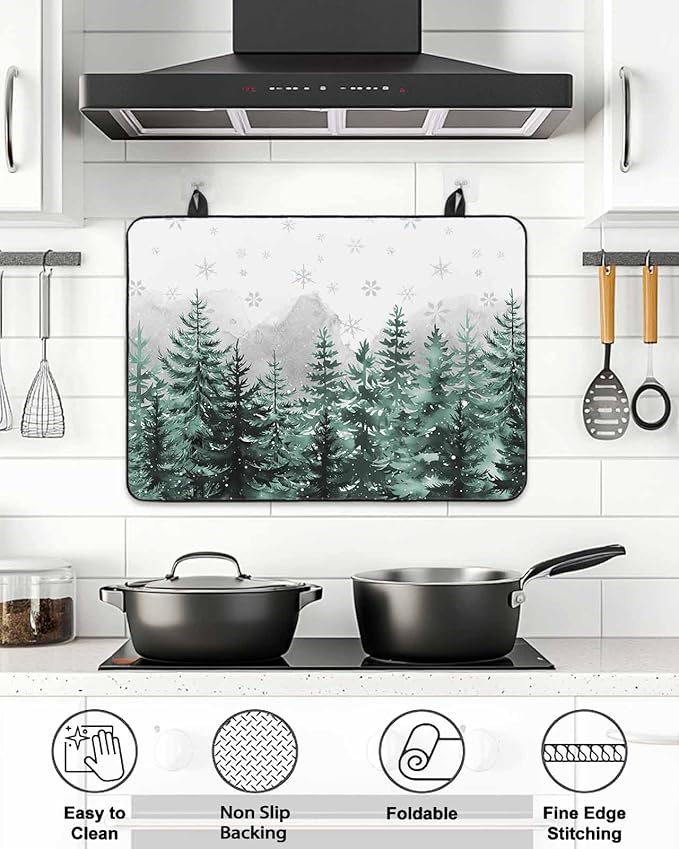 Stove Top Covers for Electric Stove 36x21 Inches, Forest Christmas Tree HeatResistant Glass Cooktop Protector, Green Xmas Snowflake Misty Winter Ceramic Stovetop Countertop Covers Mat, Oven Cover