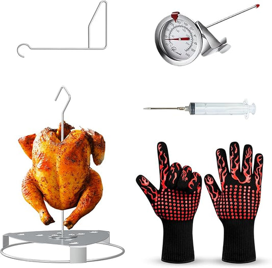 Fire Riot Deluxe Stainless Steel Turkey Fryer Accessories Kit – Turkey Deep Fryer Stand with Lifting Hook, Thermometer, Injector, & Heat-Resistant BBQ Gloves for Outdoor Cooking
