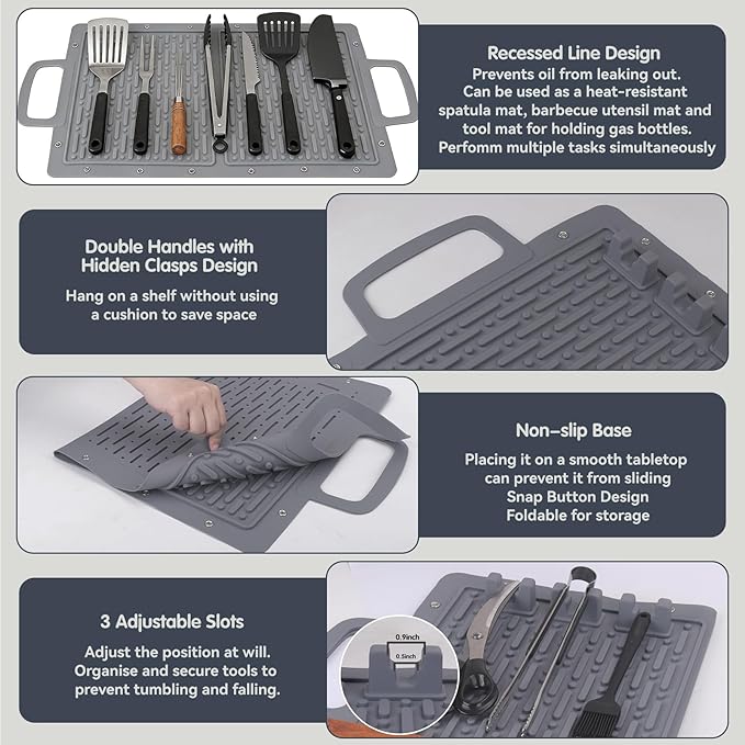 LIONROGE Large Silicone Grill Mat, Foldable Silicone Griddle Tools Spatula Mat with Drip Pad & Handle & Snap Buttons, Portable BBQ Side Shelf Mats Grill Pad for Blackstone Griddles Accessories,Gray
