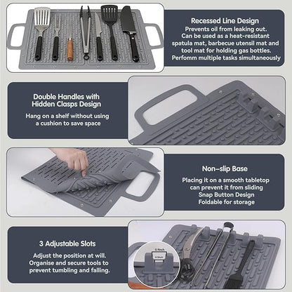 LIONROGE Large Silicone Grill Mat, Foldable Silicone Griddle Tools Spatula Mat with Drip Pad & Handle & Snap Buttons, Portable BBQ Side Shelf Mats Grill Pad for Blackstone Griddles Accessories,Gray